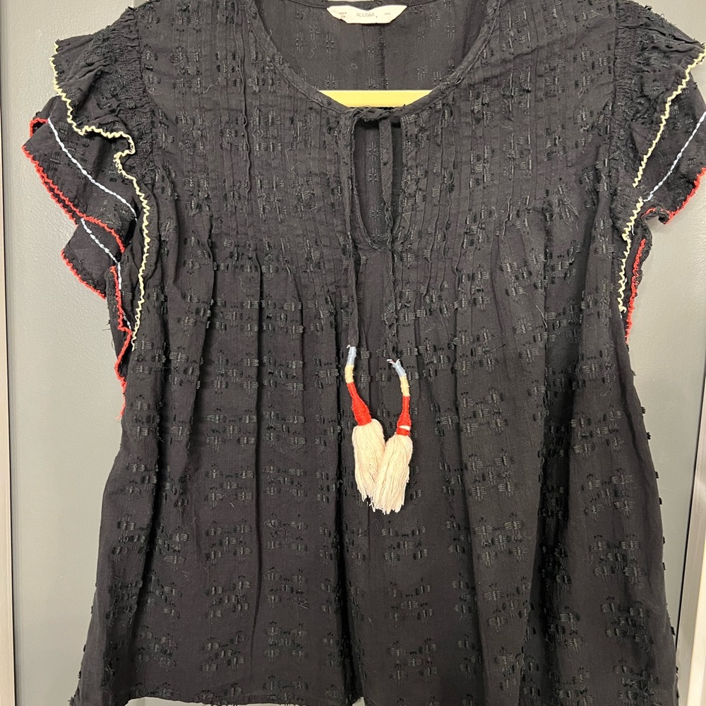 ACOS&A boho Black Textured Blouse with Tassel Accents. Size large.